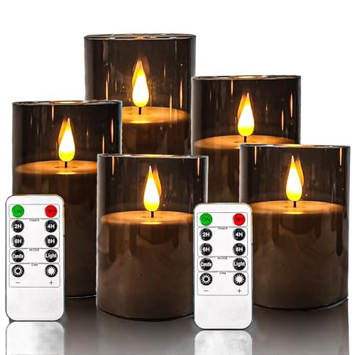 NICEME Gray Flickering Flameless Candles, Battery Operated Acrylic LED Pillar Candles with Remote Control and Timer Flameless Halloween Candles for Christmas New Year Home Decor, Set of 5 | Amazon (US)