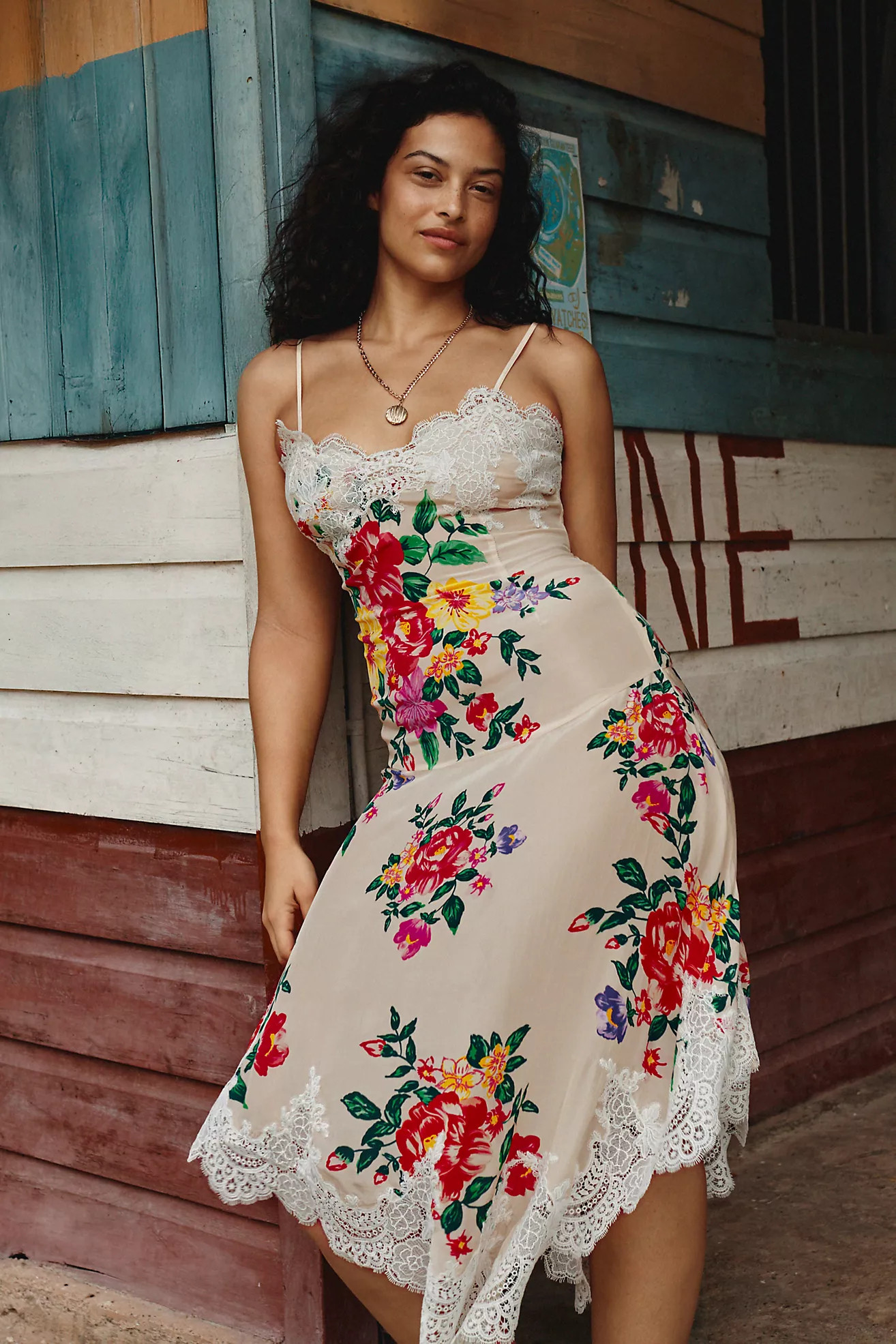 By Anthropologie Sleeveless V-Neck Lace Slip Midi Dress | Anthropologie (US)