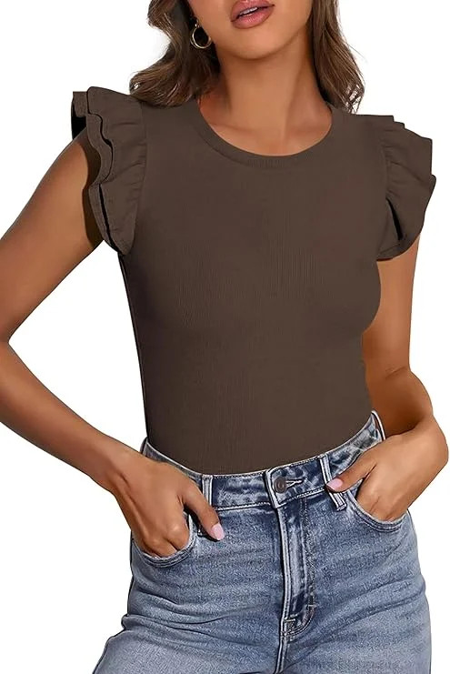 PRETTYGARDEN Womens Summer Crew Neck T Shirts Trendy Ruffle Sleeve Slim Fit Knit Going Out Tops C... | Walmart (US)