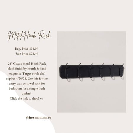 24” metal hook rack in black finish 

Perfect for entry way to hold hats/jackets or bathroom update to hold towels.

30% off just by using target circle deal. Online only. Expires 4/20/2024. Sale price $24.49

Hook rack | entryway | bathroom 

#LTKsalealert #LTKhome #LTKstyletip