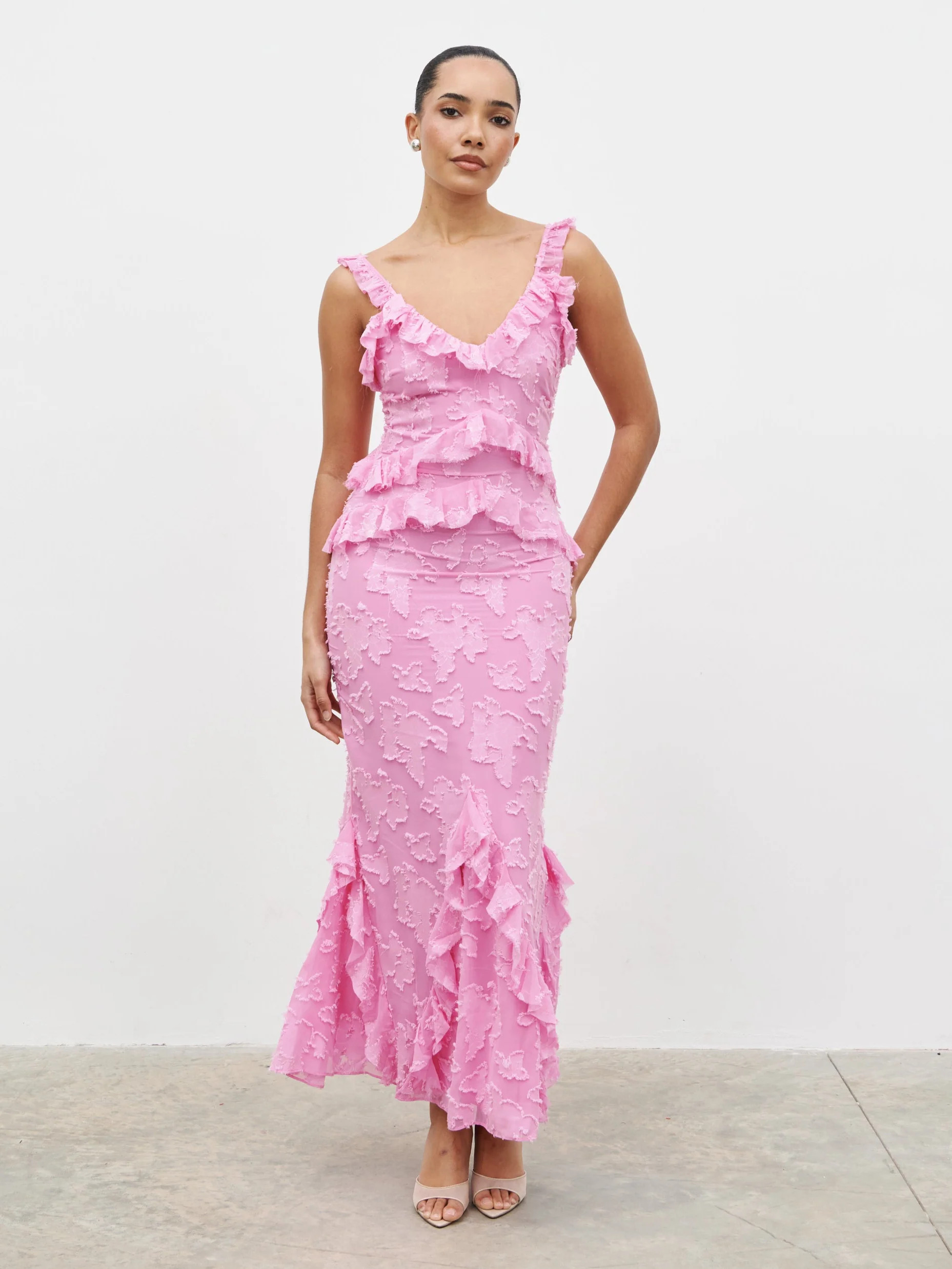 Helena Ruffle Jacquard Maxi Dress | Pretty Lavish (UK)