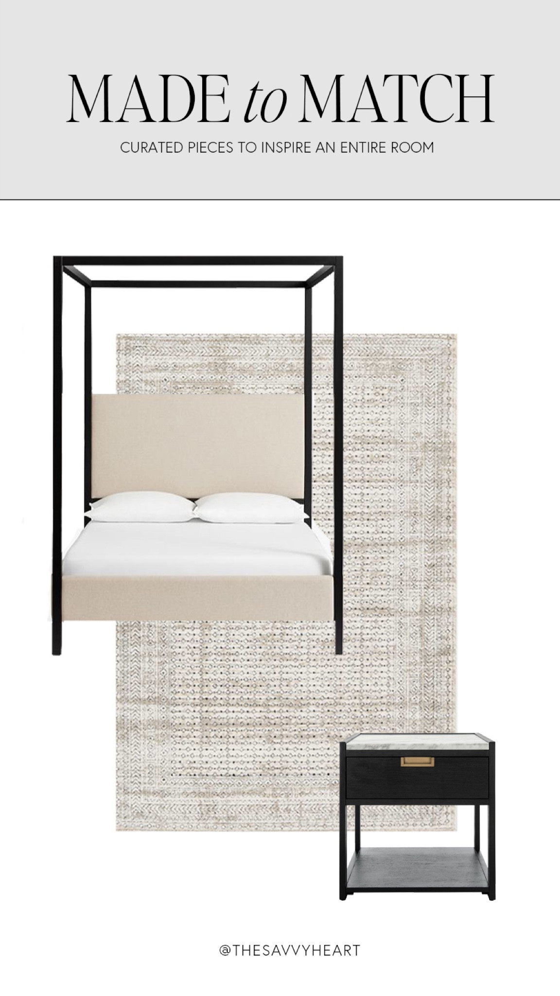 Contemporary and timeless bed, area rug, nightstand and bedside table combination. Beige and grey area rug, black metal canopy bed with upholstered head and footboard. Black one drawer nightstand with white
Marble top and brass handle. 