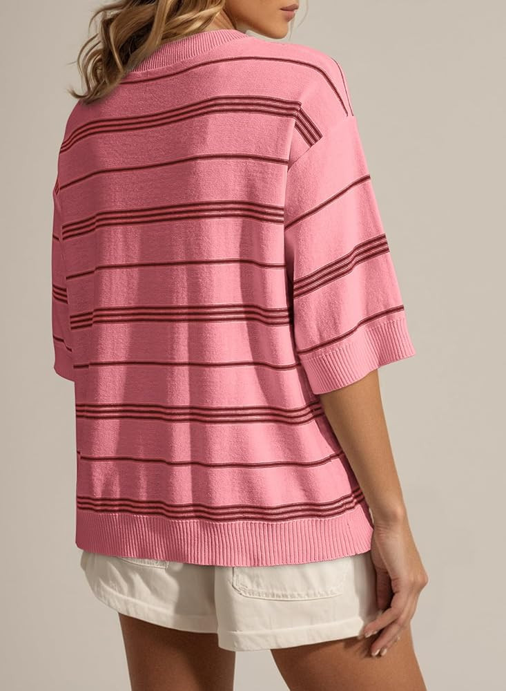 Dokotoo Womens Sweaters Spring Summer Oversized 3/4 Sleeve Striped Crewneck Casual Lightweight Kn... | Amazon (US)