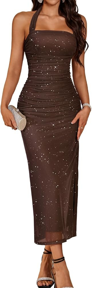 DRESSTELLS Womens Halter Sparkly Formal Maxi Dress Corset Ruched Bodycon Wedding Guest Holiday Dr... | Amazon (US)
