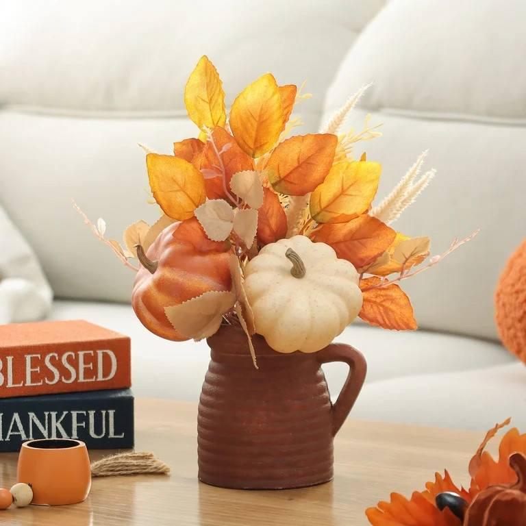Pumpkins & Fall Foliage in Milk Jar Tabletop Decor, Orange & Cream, 14", Harvest by Way To Celebr... | Walmart (US)
