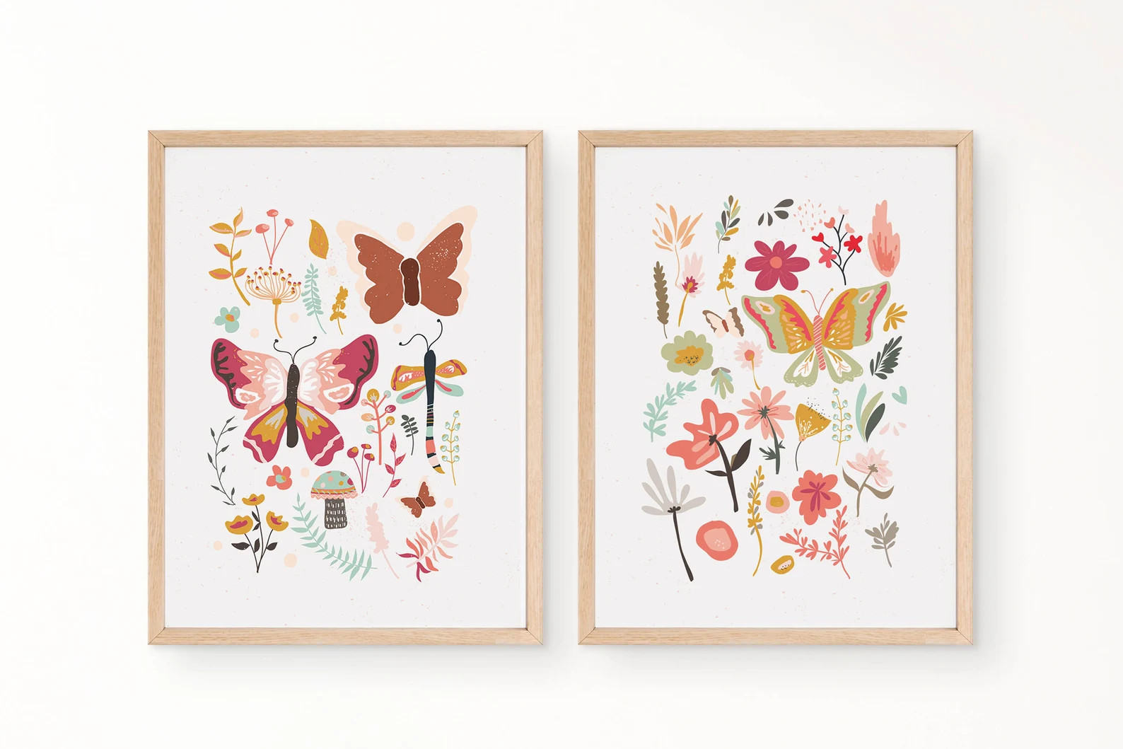 Set of 2 Boho BUTTERFLY FLORALS Mushroom PRINTABLES Nursery Wall Art,neutral Nursery Art, Flowers... | Etsy (US)