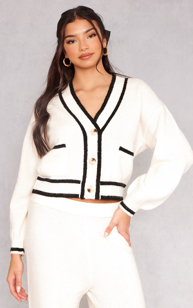 Cream Soft Knit Contrast Stripe Detail Button Up Cardigan | PrettyLittleThing US