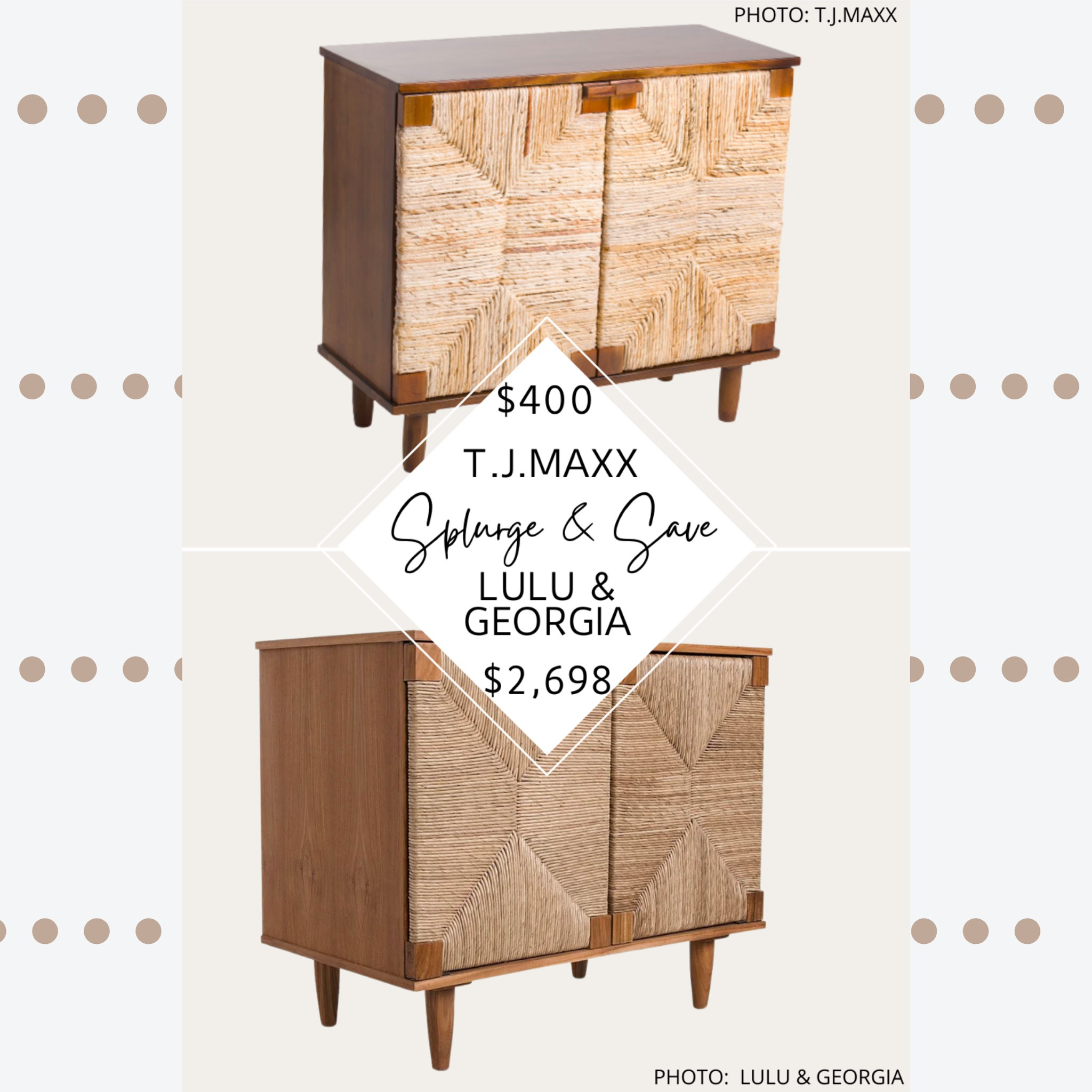 🚨Brand new find🚨 I’ve got TWO finds for you today from four different sources! While searching for seagrass buffets and sideboards, I found coastal cabinets from McGee and Co., Lulu and Georgia, World Market, and T.J.Maxx.

The Lulu and Georgia Sian Small Cabinet features rush seagrass doors, a teak base, a magnetic closure, and two doors.  

T.J.Maxx’s Taysa Banana Leaf 2-Door Cabinet also features similar woven doors, minimalist legs, and dark wood accents. 

Both of these items remind me of the McGee and Co. Wesley Cabinet and the World Market Cortez Vintage Acorn Buffet, so I’ve included those below too. 

#luluandgeorgia #mcgeeandco #studiomcgee #sideboard #hutch #cradenza #lookforless #dupe #livingroom #diningroom #sideboard #worldmarket #storage #cupboard #coastal #decor #furniture #tjmaxx #entryway.  Lulu and Georgia dupe.  McGee and Co. dupe. Studio McGee dupe.  McGee and Co. Look for less.  Lulu and Georgia Look for less. Sian small cabinet dupe.  Decorating on a budget.  Living room storage.  Dining room storage. Media unit.  Sideboard.  Hutch.  Cradenza.  Cabinet.  Coast furniture. World Market finds. T.J. Maxx finds. Rattan. Woven furniture.  

#LTKsalealert #LTKstyletip #LTKhome