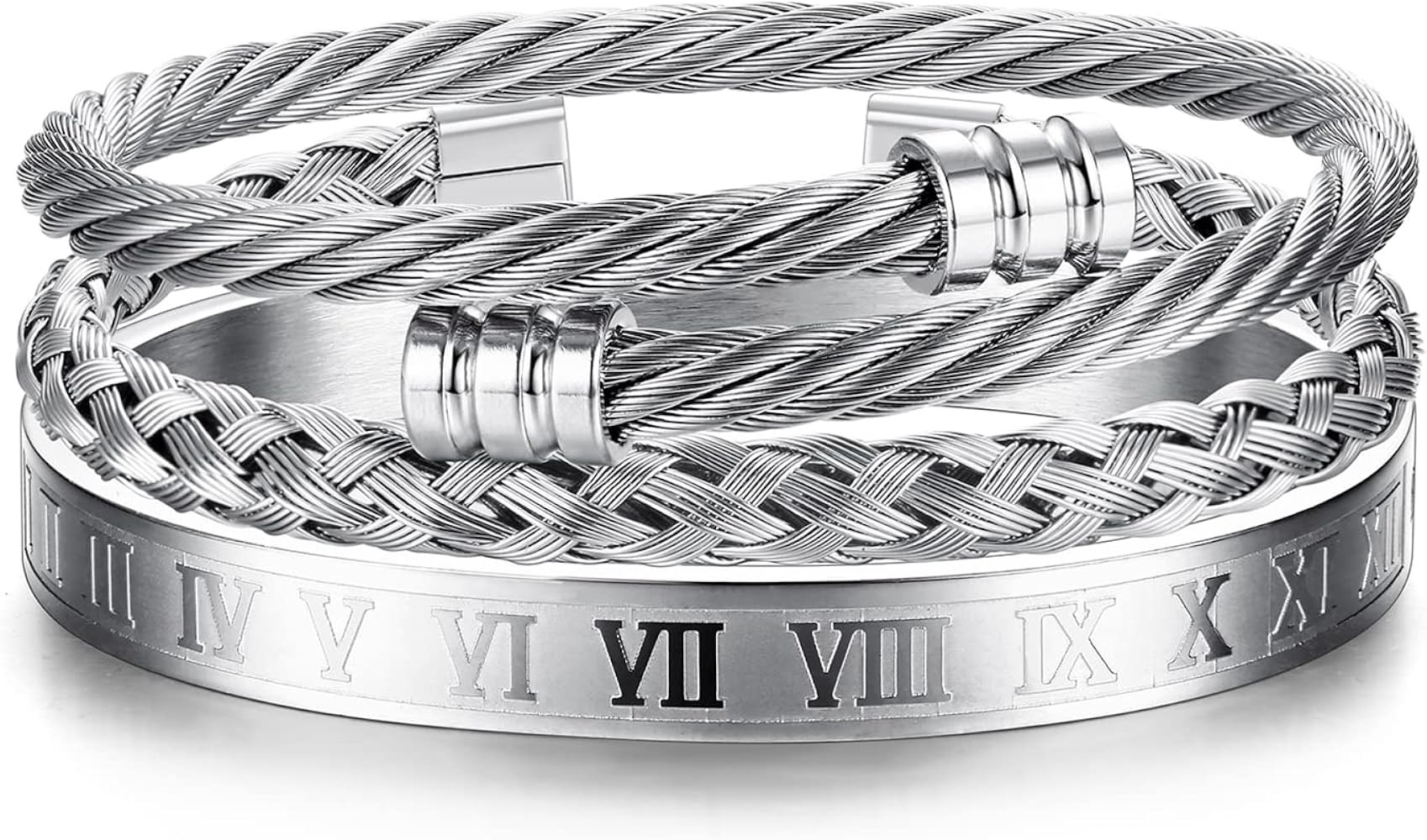 YADOCA 3Pcs Stainless Steel Bracelets for Men Roman Numeral Bangle Bracelet Adjustable Cuff Brace... | Amazon (US)