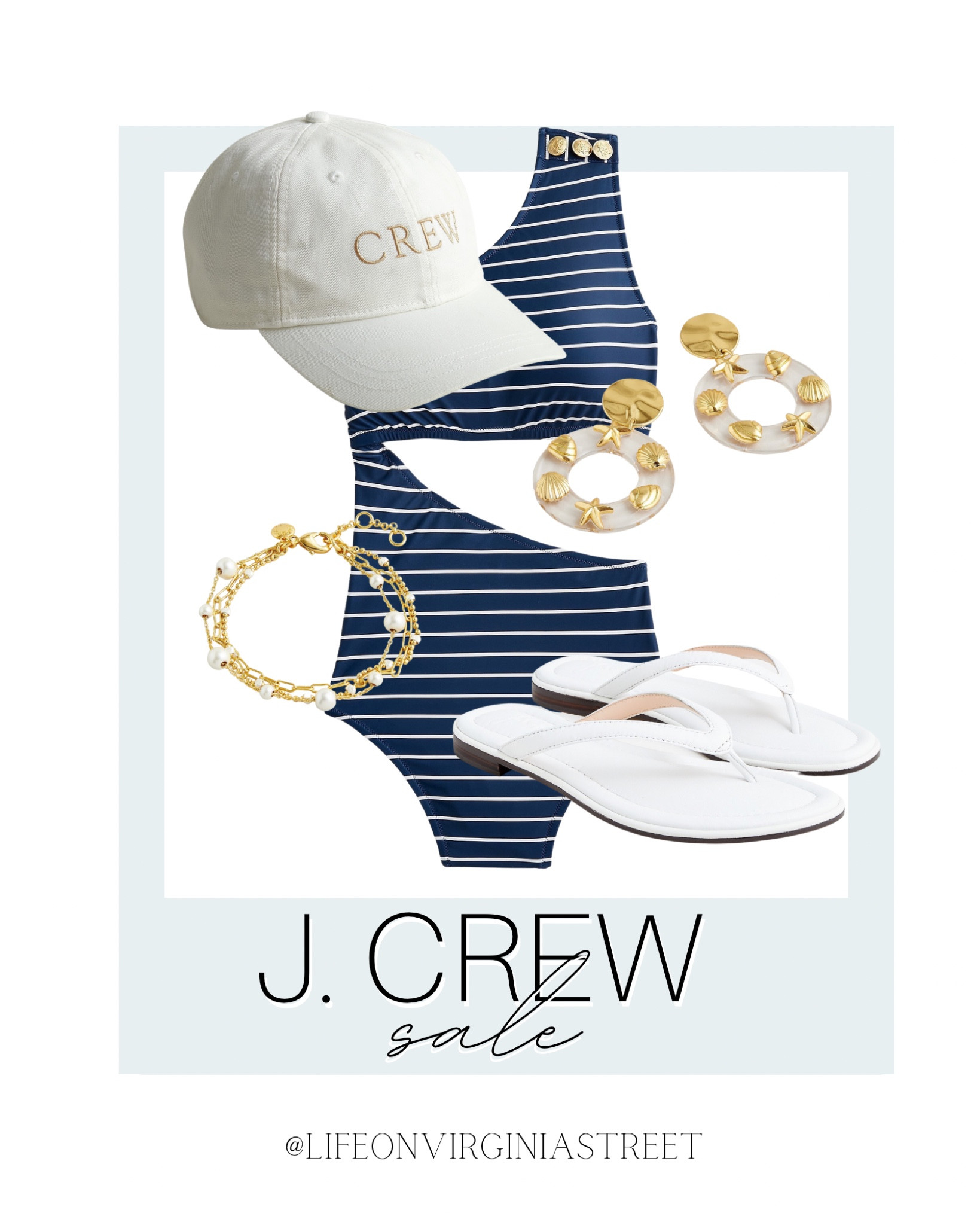 J. Crew sale! Up to 60% off swim and more! Lots of deals which includes this striped bathing suit, gold shell earrings, gold pearl bracelet, white sandals, and white j. crew hat. Get this whole look on major sale!! 

j. crew, j. crew sale, resort wear, swim, coastal style, one-piece swimsuit, j. crew womens, coastal outfit, pool outfit, beach outfit, vacation outfit 

#LTKFind #LTKSeasonal #LTKswim