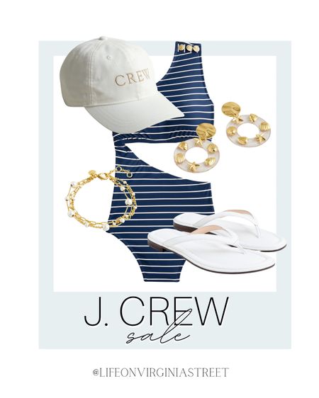 J. Crew sale! Up to 60% off swim and more! Lots of deals which includes this striped bathing suit, gold shell earrings, gold pearl bracelet, white sandals, and white j. crew hat. Get this whole look on major sale!! 

j. crew, j. crew sale, resort wear, swim, coastal style, one-piece swimsuit, j. crew womens, coastal outfit, pool outfit, beach outfit, vacation outfit 

#LTKFind #LTKSeasonal #LTKswim