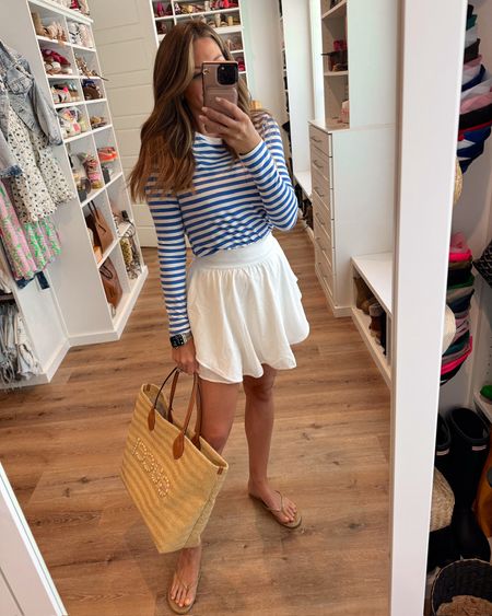 In a small blue and white stripe top, size 6 skirt (comes as part of a 2 piece set), sandals, tote and accessories for spring - all fits TTS.

#LTKstyletip #LTKSeasonal #LTKfindsunder50