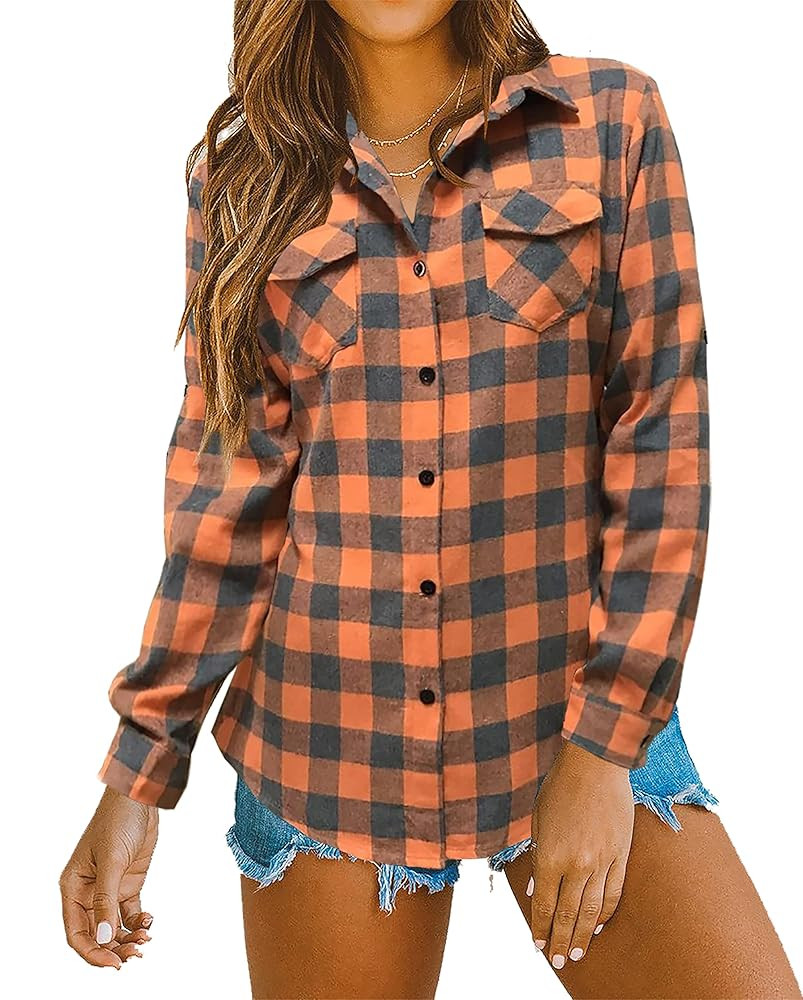 Oyamiki Womens Casual Cuffed Long Sleeve Boyfriend Button Down Plaid Flannel Shirt Tops | Amazon (US)