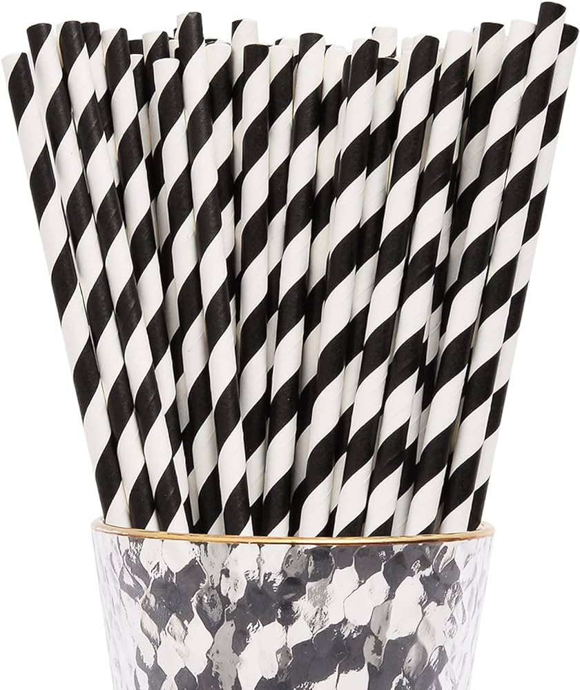 YAOSHENG Paper Straws for drinking, 100 Pack Black Striped paper straws for Party Supplies,Birthd... | Amazon (US)