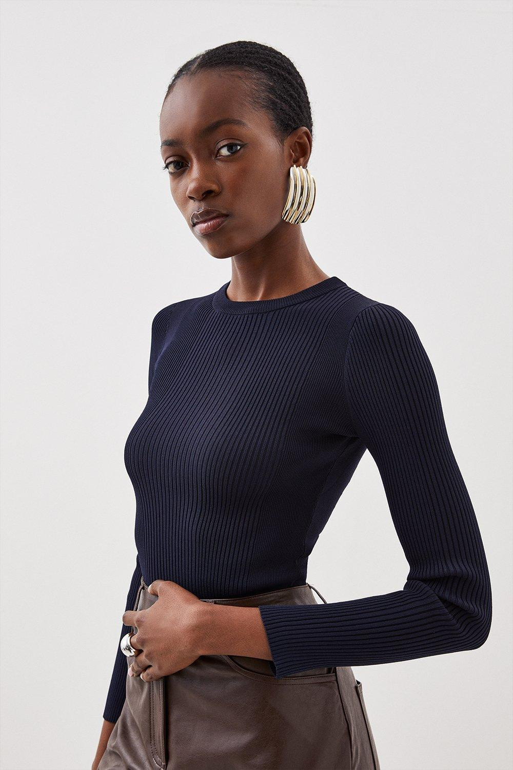 Viscose Blend Rib Knit Long Sleeve Top | Karen Millen US