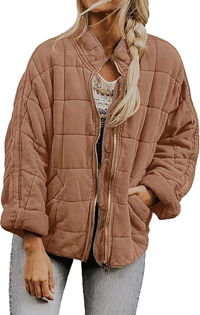 Anjikang Womens Quilted Bomber Puffer Jacket Casual Long | Amazon (US)
