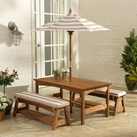 KidKraft Outdoor Table & Bench Set with Cushions & Umbrella - Oatmeal & White Stripes | Walmart (US)