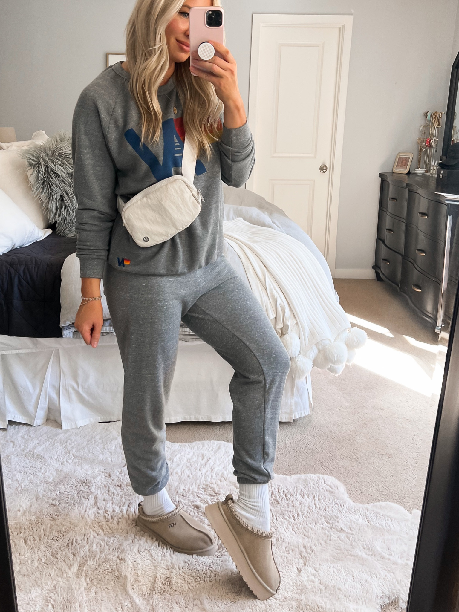 Aviator Nation sweat shirt and pants. Tts and super comfy 
Ugg Tasman slippers 
Belt bag 

#LTKstyletip #LTKitbag #LTKover40