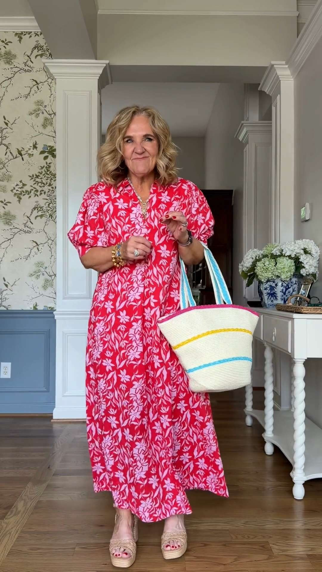 The bright pink floral print makes a statement all on its own, so you really don't need much else. I paired it with my favorite colorful tote and raffia platform sandals for an easy vacation-inspired look. 🫶🏻 

 #LTKootd #LTKSeasonal #LTKOver40