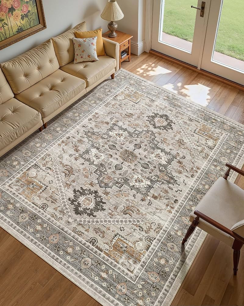 8x10 Vintage Area Rug: Washable Neutral Soft Non Slip Thin Large Floor Carpet for Living Room Bed... | Amazon (US)