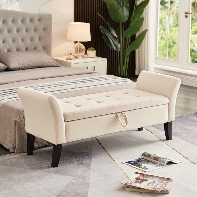 51.5'' Upholstered Storage Ottoman Bench With Arms Tufted Bed Bench Entryway Bench With Storage Velvet End Of Bed Bench, Beige | Target