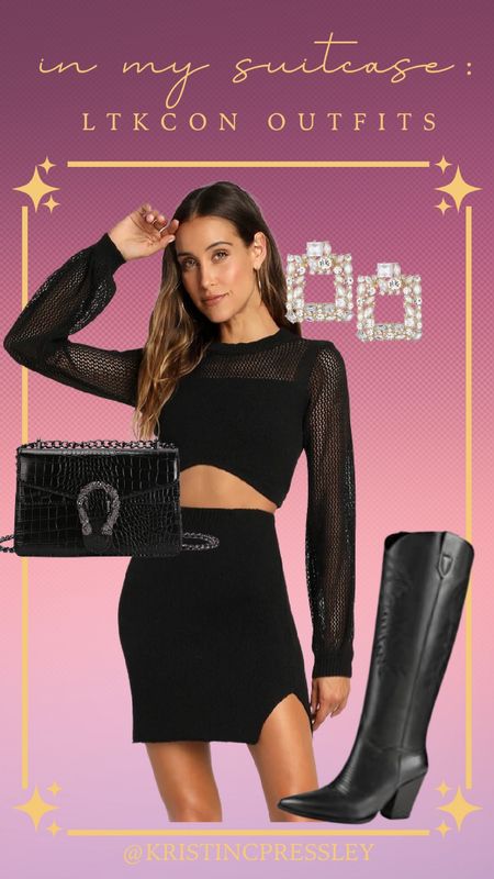 LTKCon outfit compilation. Night time outfit. All black outfit. Dinner outfit. Fall outfit. Two piece set. Western boots. Black designer inspired bag. Gold earrings. Statement earrings. Fall fashion. Fall style. Trendy style.￼

#LTKstyletip #LTKCon #LTKSeasonal