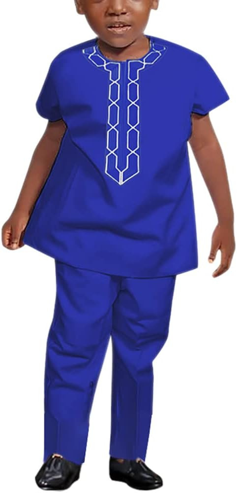 HD Kids African Clothes Set Embroidery Shirt and Pants Dashiki Outfits for Boy | Amazon (US)