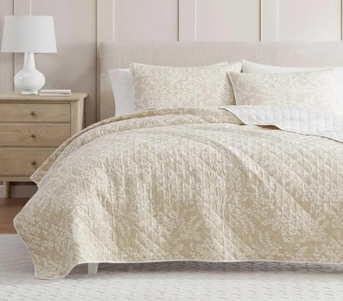 Martha Stewart - King Quilt Set, 100% Cotton Reversible Bedding Set, Incredibly Soft Feel for Year Round Comfort, 3 Piece Bed Set with Matching Pillowcases (Layered Branches Beige) | Amazon (US)