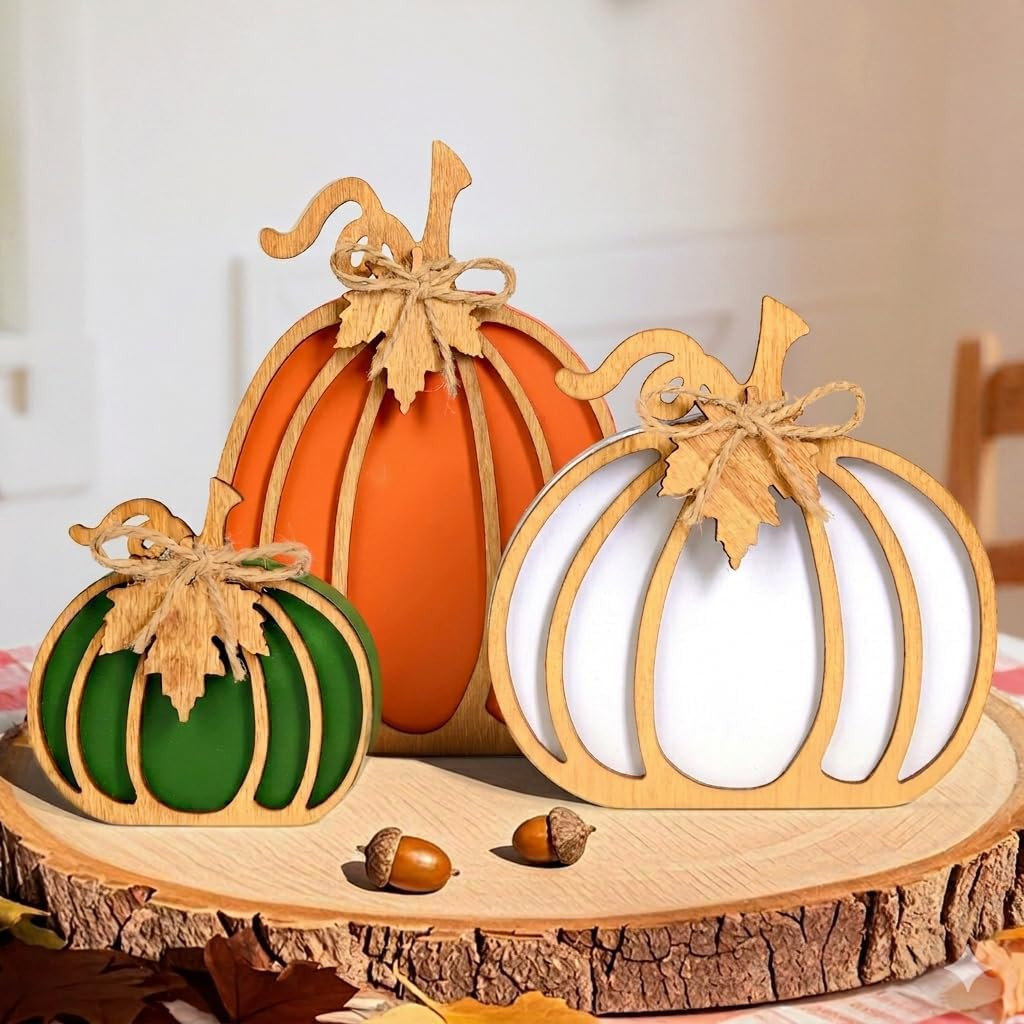 OLANRUN Fall Decorations for Home, 3-Piece Farmhouse Wooden Pumpkin Fall Decor, Handmade Crafts, Autumn Thanksgiving Decorations for Table, Tiered Tray, Mantel, Shelf, Office (4-8 Inch) | Amazon (US)