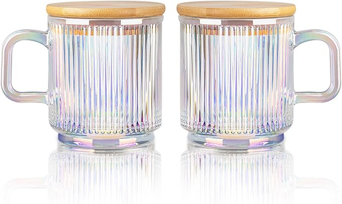 Joeyan Iridescent Glass Coffee Mugs Set of 2-11.5 oz Striped Coffee Cups with Lid - Large Drinkin... | Amazon (US)