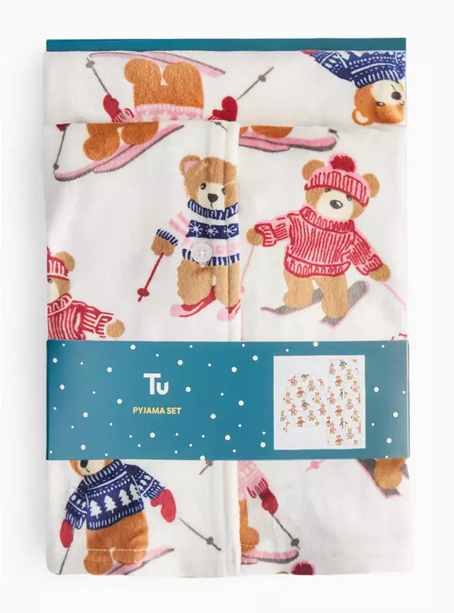 Mini Me Kids' Christmas Cream Ski Teddy Print Pyjamas 4-5 years | Tu Clothing