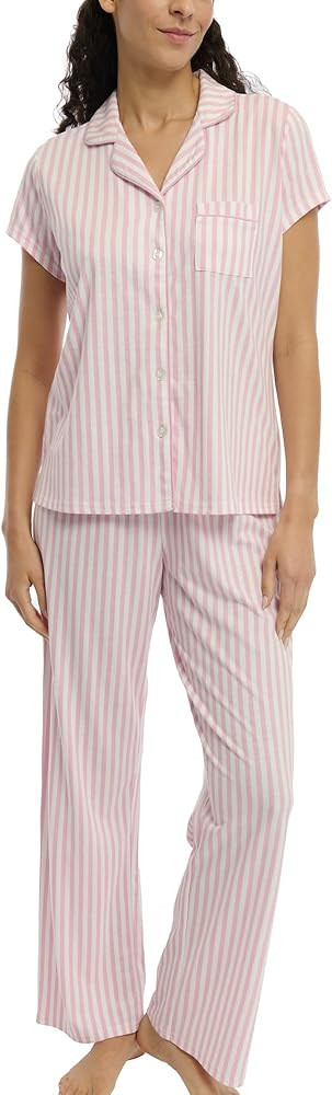Laura Ashley Women's Pajamas 2 Piece Cotton Blend Notch Collar Button Down PJ Set | Amazon (US)