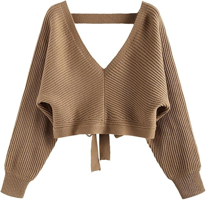 ZAFUL Women's V Neck Cropped Sweater Ribbed Knit Pullover Tops Sexy Drop Shoulder Jumpers | Amazon (US)