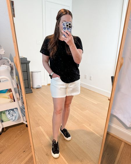 Summer outfit / white denim shorts / cutoff jean shorts / black short sleeve tee / black shirt / black sneakers / vacation outfit / petite fashionn

#LTKSeasonal #LTKFindsUnder100 #LTKShoeCrush