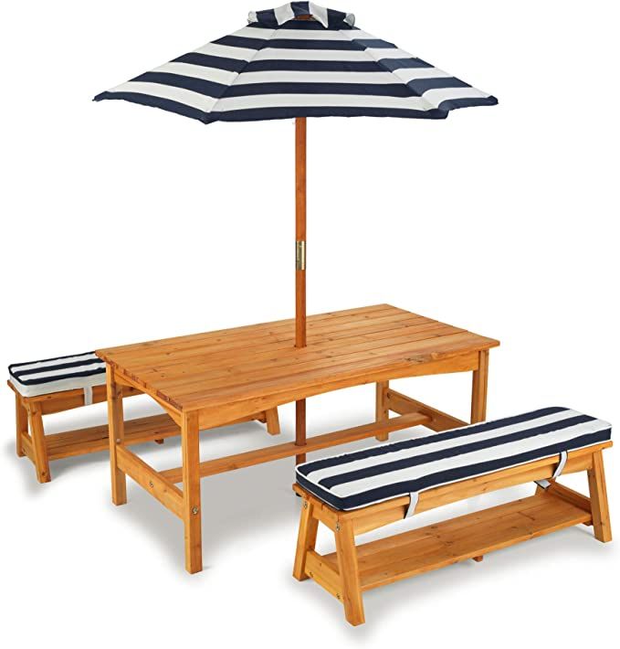 Amazon.com: KidKraft Outdoor Wooden Table & Bench Set with Cushions and Umbrella, Kids Backyard F... | Amazon (US)