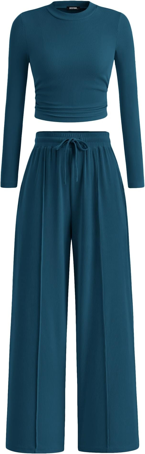 BTFBM Casual 2 Piece Sets For Women Fall Outfits 2025 Ribbed Long Sleeve Crop Top Wide Leg Pants ... | Amazon (US)