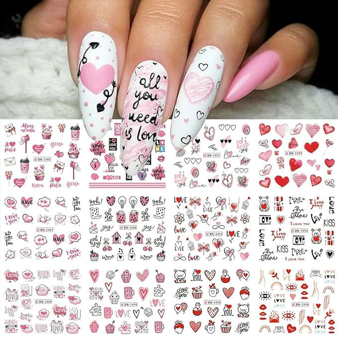 Valentine's Day Nail Art Stickers 12 Sheets Heart Love Nail Decals Water Transfer Nail Supplies L... | Amazon (US)