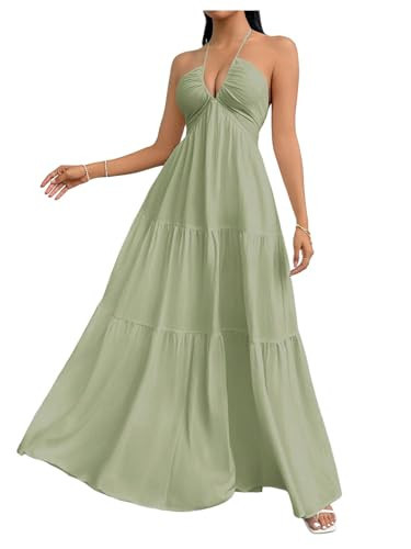 SHENHE Women's Deep V Neck Tie Knot Backless Halter Dress A Line Flowy Ruffle Maxi Dress Green X-Small | Amazon (US)