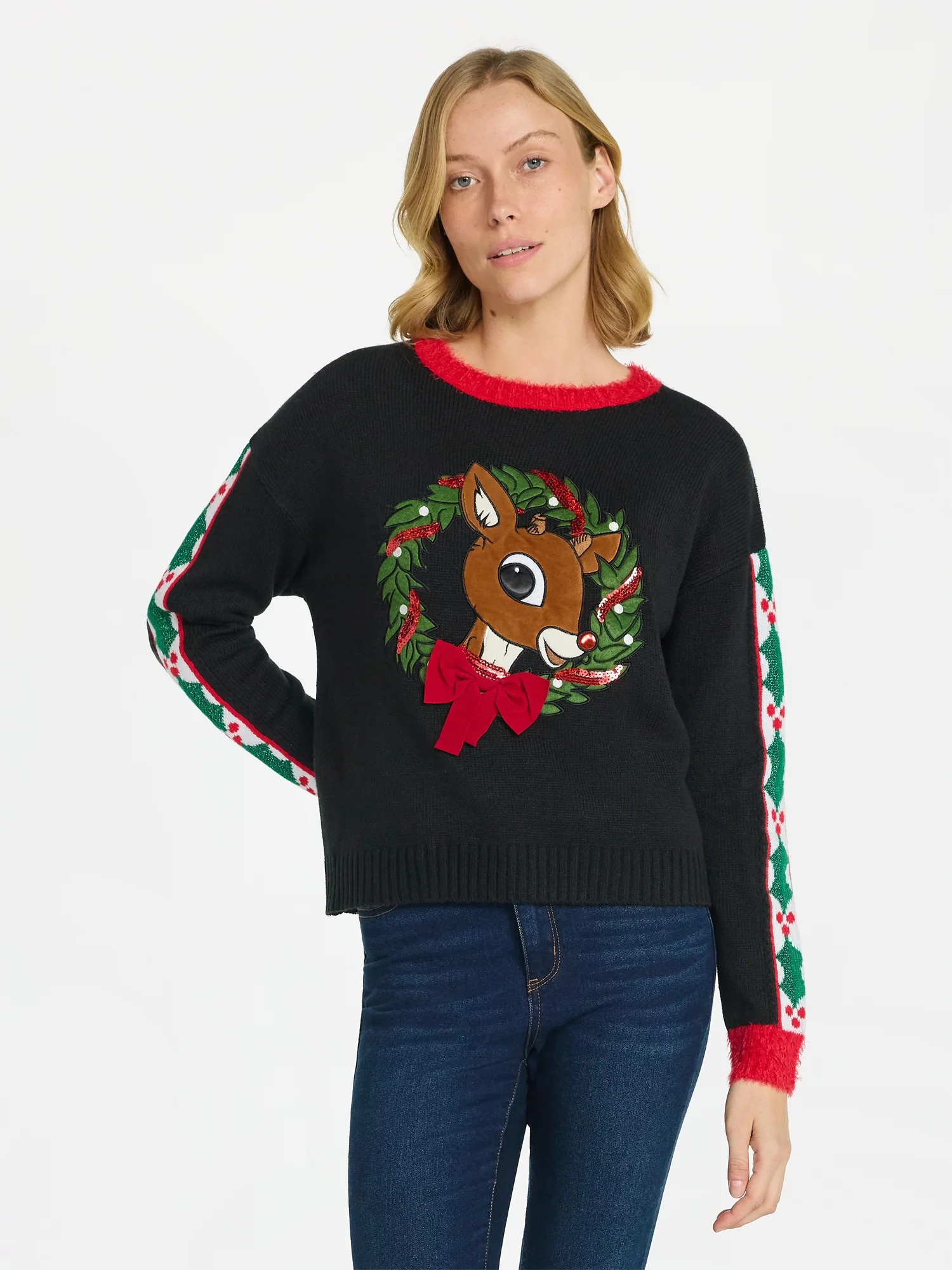 Rudolph Women's Embellished Christmas Sweater with Long Sleeves, Midweight, Sizes XXS-XXL | Walmart (US)
