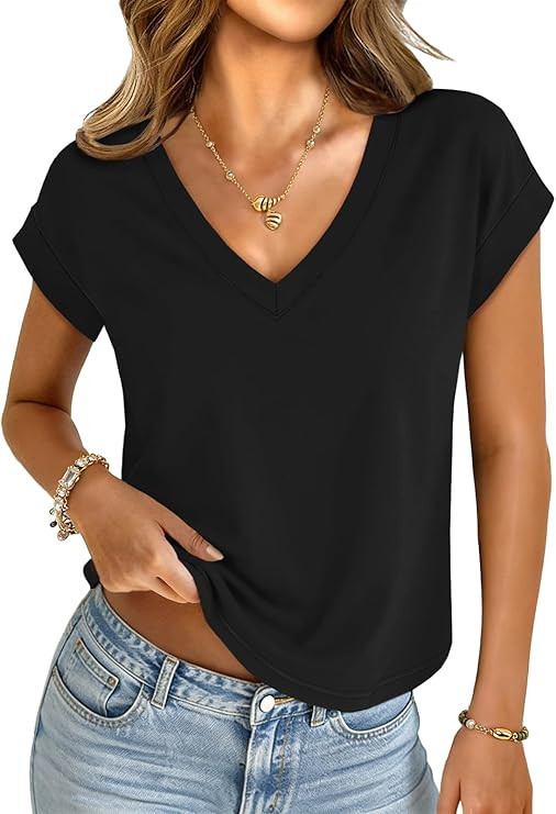 UNCLECAT Womens Crop Tops V Neck Cap Sleeve T Shirts Summer Basic Loose Fit Short Sleeves Tee Cut... | Amazon (US)