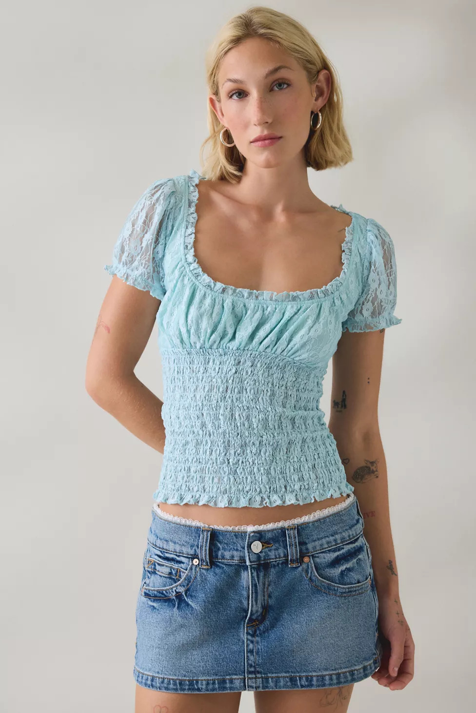 BDG Flora Lace Smocked Square Neck Milkmaid Blouse | Urban Outfitters (US and RoW)
