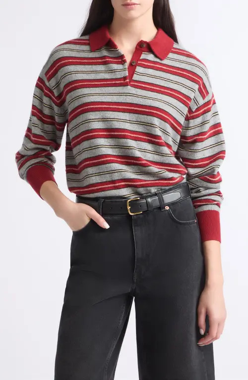 GUEST IN RESIDENCE Collegiate Striped Cashmere Polo Sweater in Carmine Combo at Nordstrom, Size Medium | Nordstrom