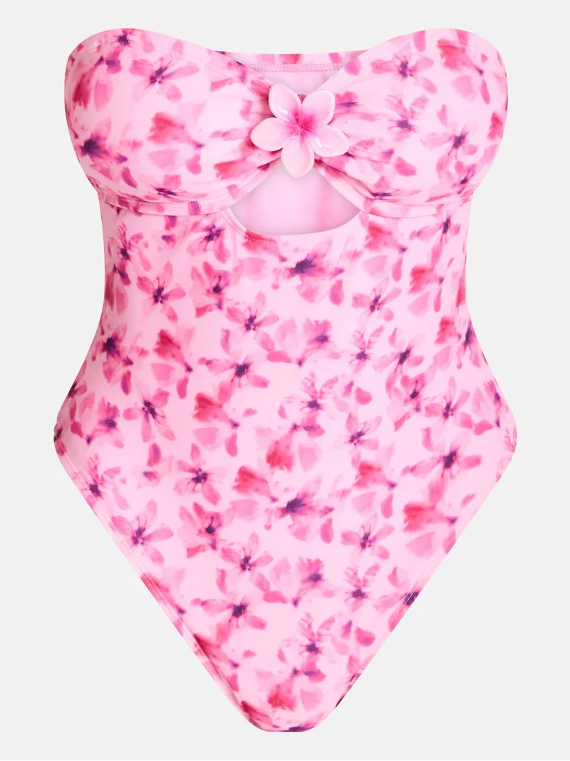 No Boundaries Floral Cut Out Bandeau One Piece Swimsuit, Women's XXS -XXL | Walmart (US)