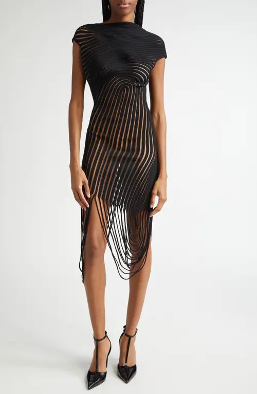 FERRAGAMO Transparent Rib Fringe Body-Con Dress in Black at Nordstrom, Size Small | Nordstrom