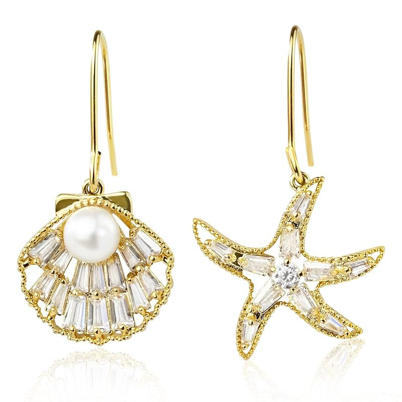14K Gold Plated Starfish Shell Dangle Earrings for Women, Hypoallergenic Beach Earrings Handmade ... | Amazon (US)
