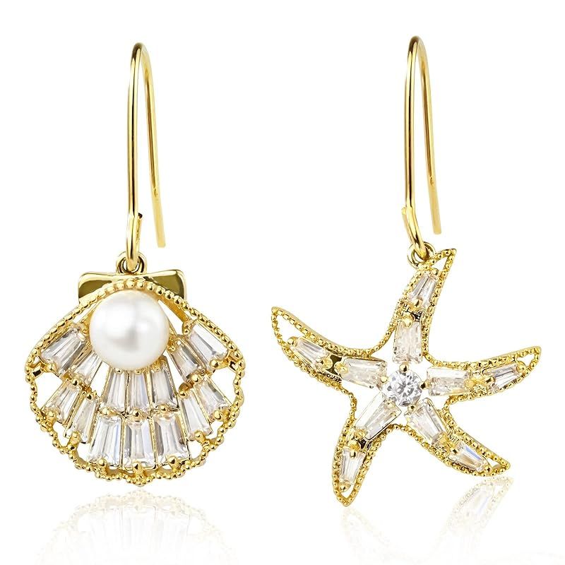 14K Gold Plated Starfish Shell Dangle Earrings for Women, Hypoallergenic Beach Earrings Handmade ... | Amazon (US)