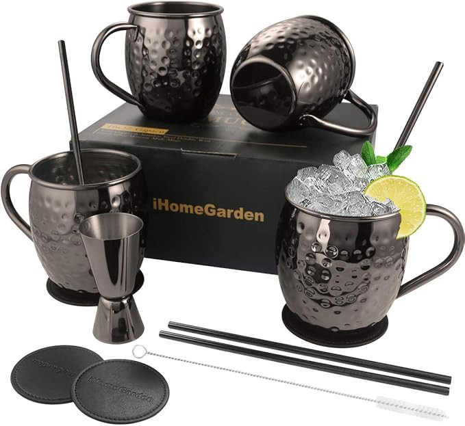 Moscow Mule Mugs Set of 4, Gift Set Black Mule Mugs Pure Solid Hammered Stainless Steel Mule Mug ... | Amazon (US)