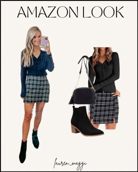 Amazon outfit! Black purse, black boots, ankle boots, plaid skirt, black long sleeve shirt. Fall outfit, fall style  

#LTKsalealert #LTKstyletip #LTKSeasonal