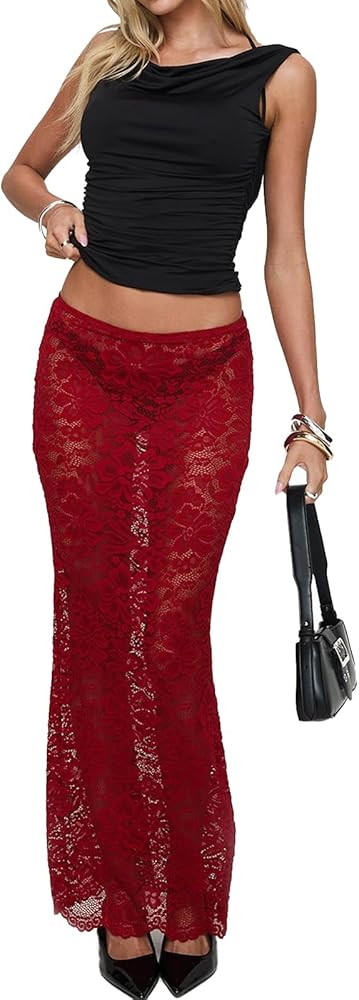 ICNGLKSND Women's Y2K Lace Sheer Skirt High Rise Floral Mesh Long Skirt Bodycon See Through Crop ... | Amazon (US)