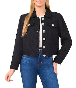 CeCe Tweed Point Collar Long Sleeve Rhinestone Button Front Coordinating Jacket | Dillard's | Dillard's